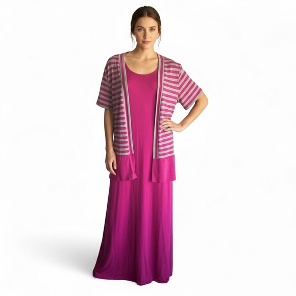 Antthony Dresses & Skirts - Antthony Originals 2-Piece Maxi Dress & Cardigan Set Pink Gray Striped Large NWT